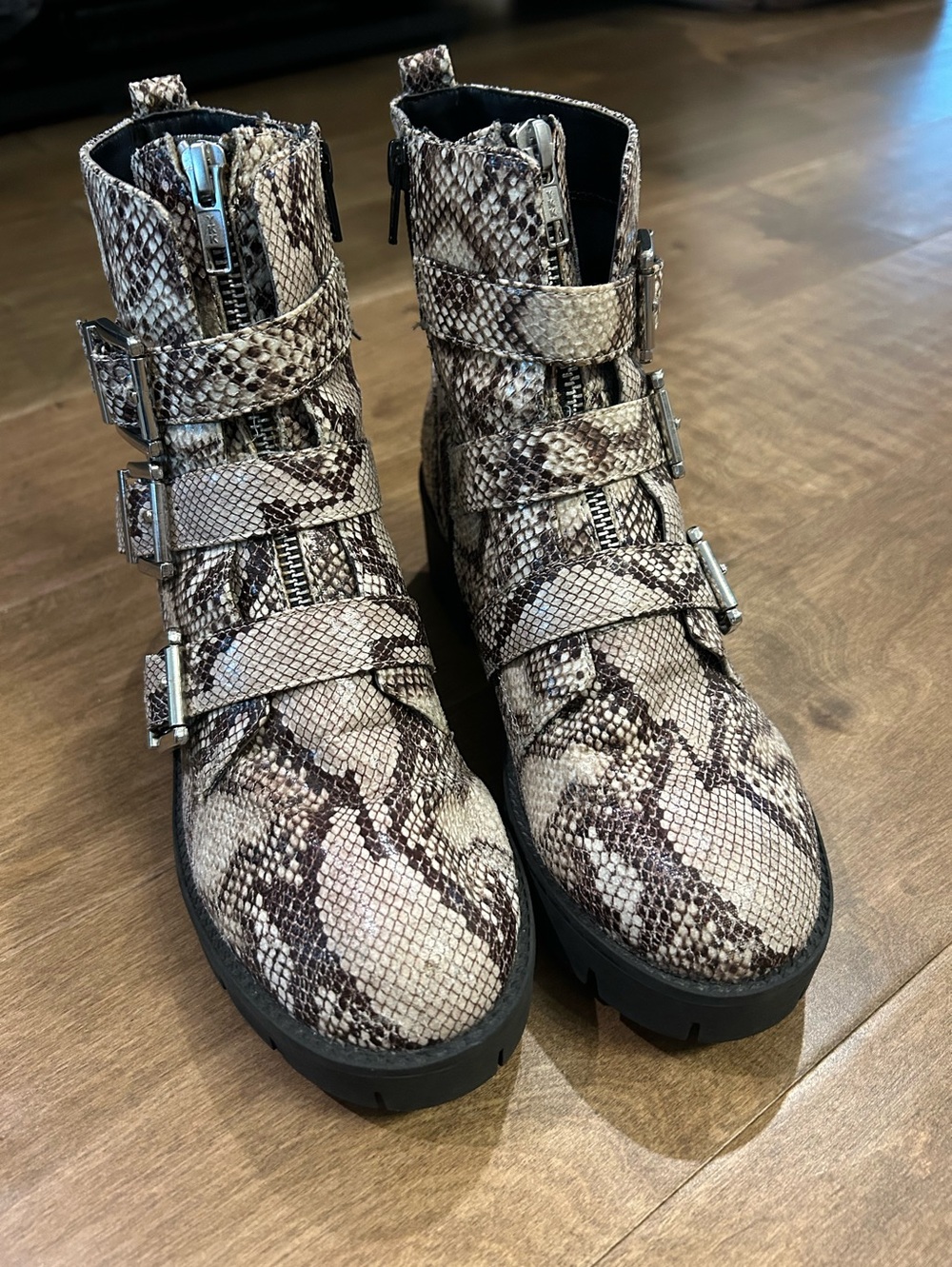 BP. Lilly Buckle Snake Print Combat / Moto Boots 7.5